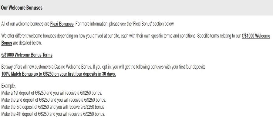 Betway Casino welcome bonuses
