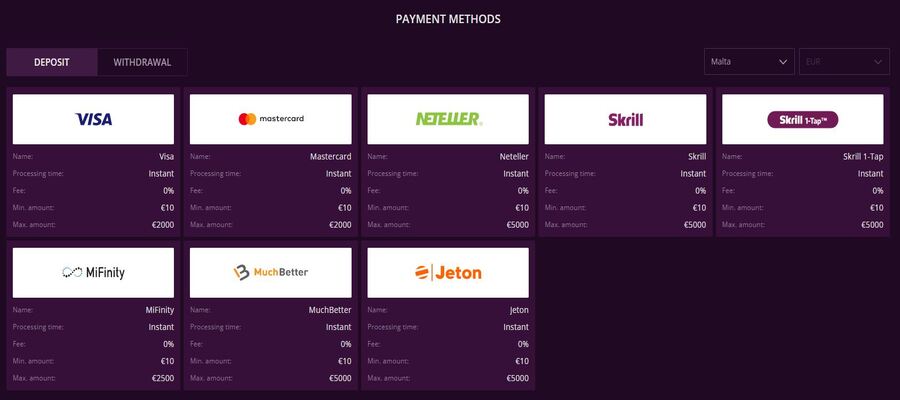 Malina casino payment options