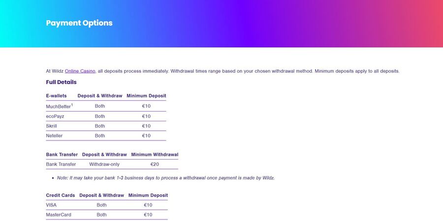 Payment Options Wildz Casino