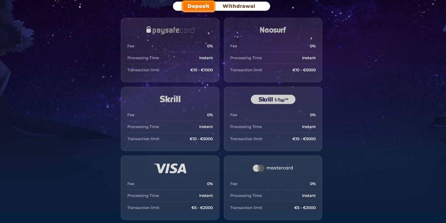 Wazamba deposit and withdrawal page