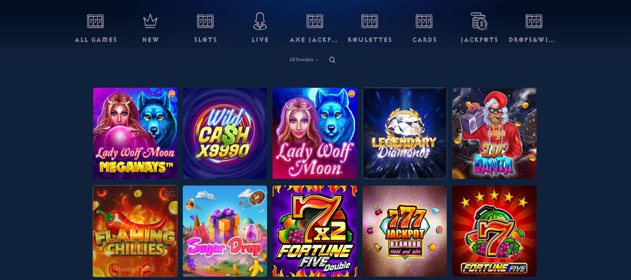 Lobby of games at Axe Casino