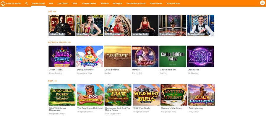 games lobby at simple casino