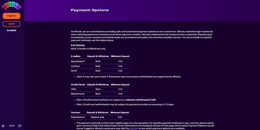 Wheelz Casino payment options